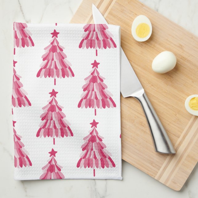 Pink Christmas Holiday tree Tea Towel (Quarter Fold)