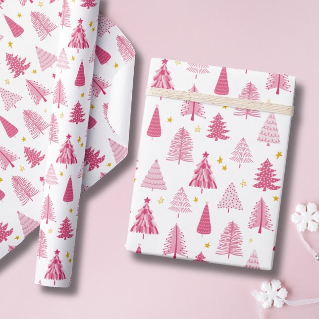 Pink Christmas Holiday tree Wrapping Paper (Pink Christmas Tree modern Holiday Wrapping Paper.  From original artists illustrations. )