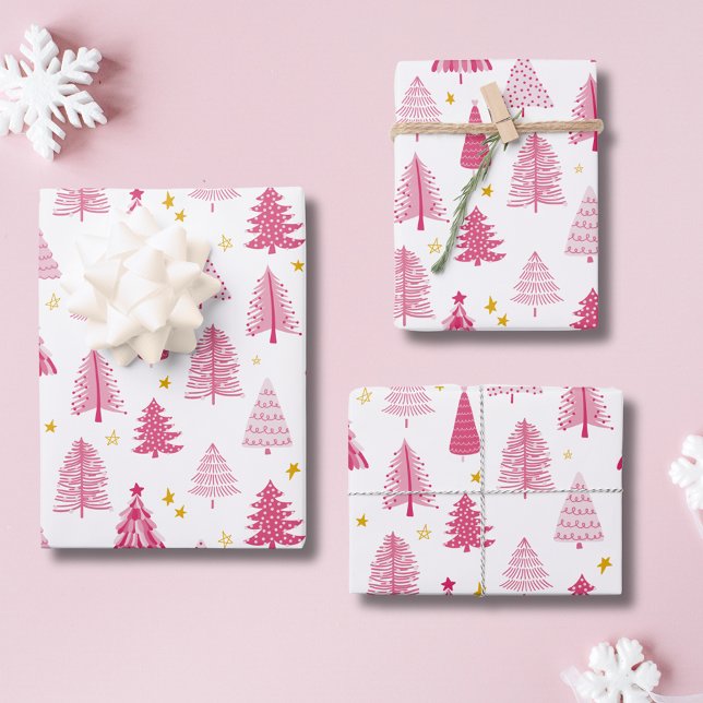 Pink Christmas Holiday tree Wrapping Paper Sheet (Christmas Holiday Pink Christmas tree pattern wrapping paper, winter woodland forest.)