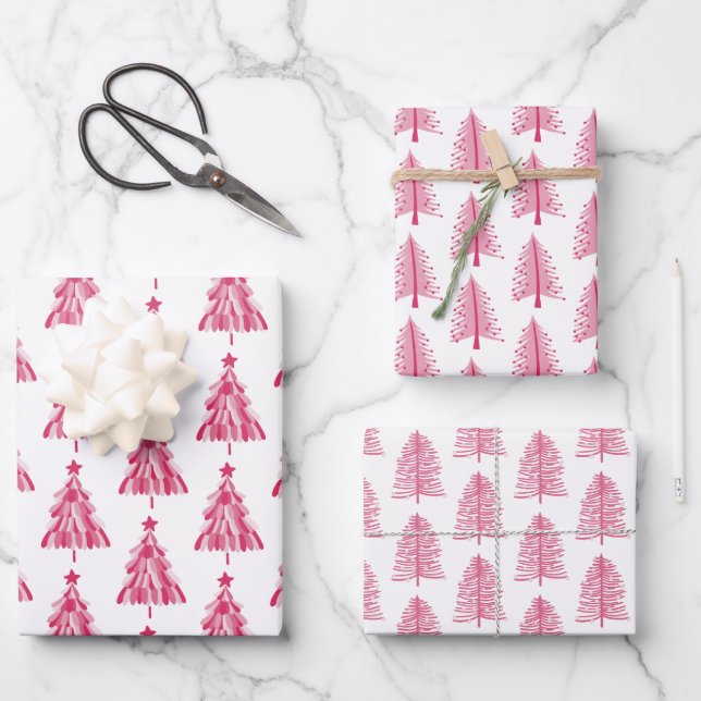 Pink Christmas Holiday tree Wrapping Paper Sheet (Front)