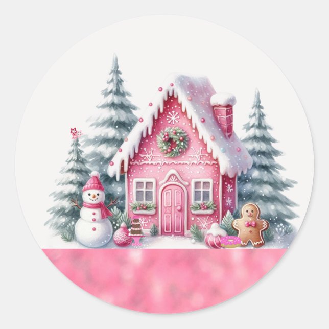 Pink Christmas Holiday Village Gingerbread House  Classic Round Sticker (Front)