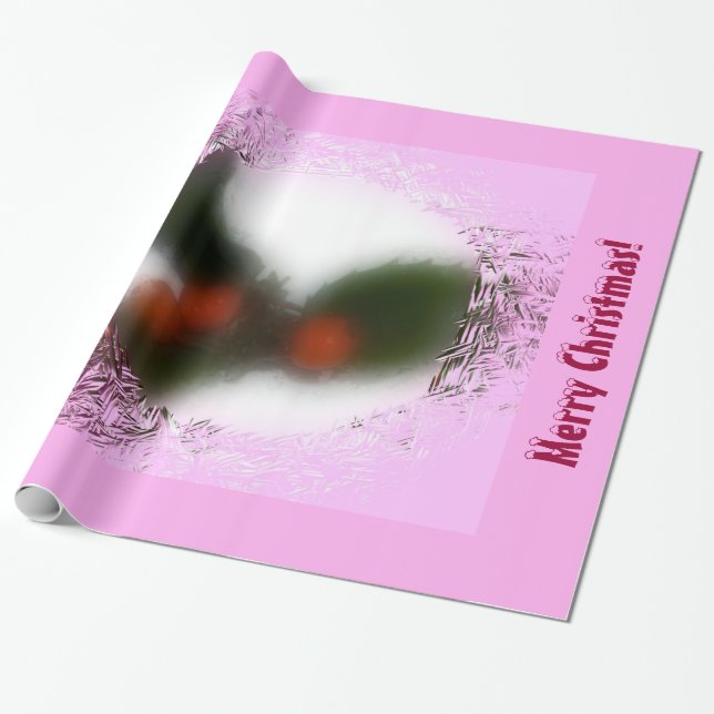 Pink Christmas Holly Wrapping Paper (Unrolled)