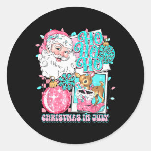 Pink Christmas In July Retro Santa Disco Snowman G Classic Round Sticker