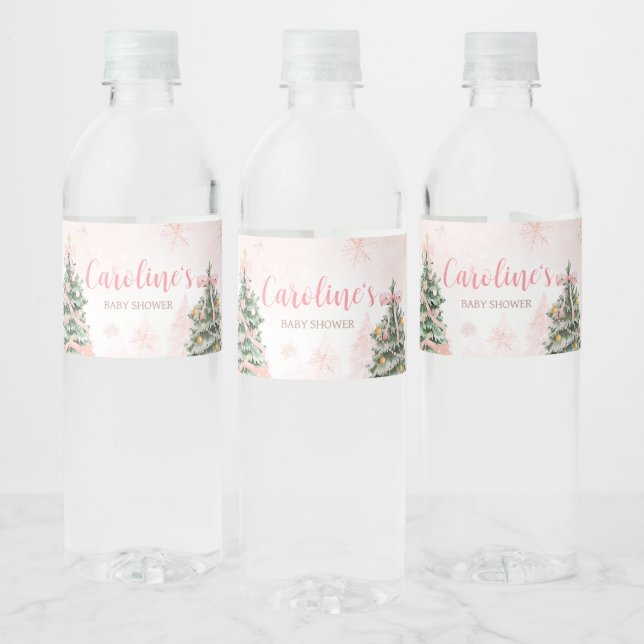 Pink Christmas It's Cold Outside Baby Shower Water Bottle Label (Bottles)