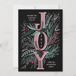 Pink Christmas Joy Hand Drawn Foliage on Black Holiday Card