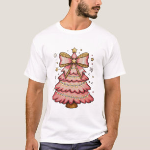Pink Christmas Lights Tree Coquette Bow Watercolor T-Shirt