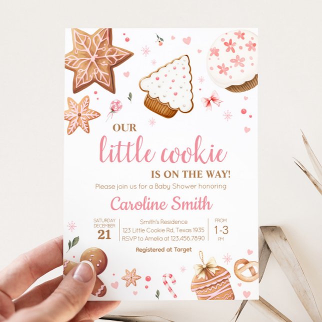 Pink Christmas Little Cookie Baby Shower Invitation (Christmas Little Cookie Gingerbread Baby Shower Invitation
)