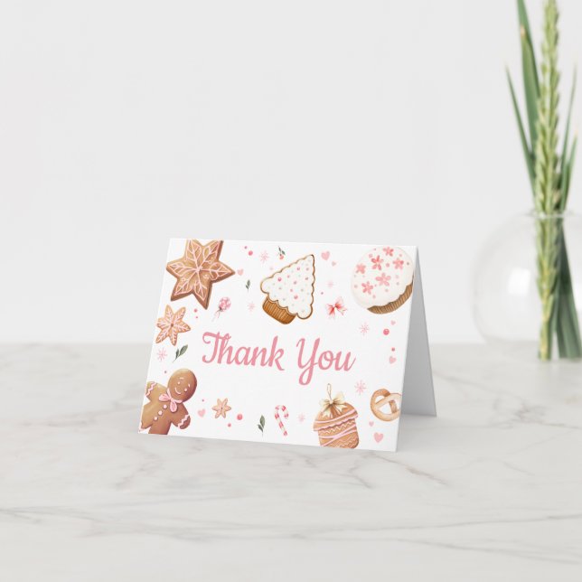 Pink Christmas Little Cookie Baby Shower Thank You Card (Front)