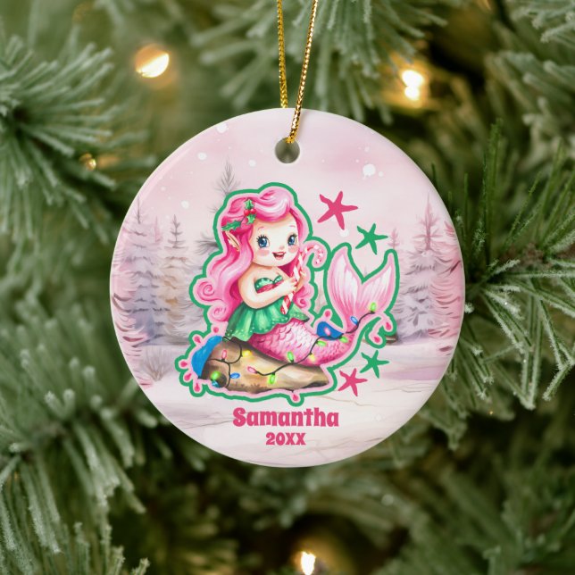Pink Christmas Mermaid Kids Photo Ornament (Tree)