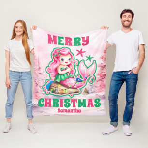 Pink Christmas Mermaid Personalised Kids Name Fleece Blanket
