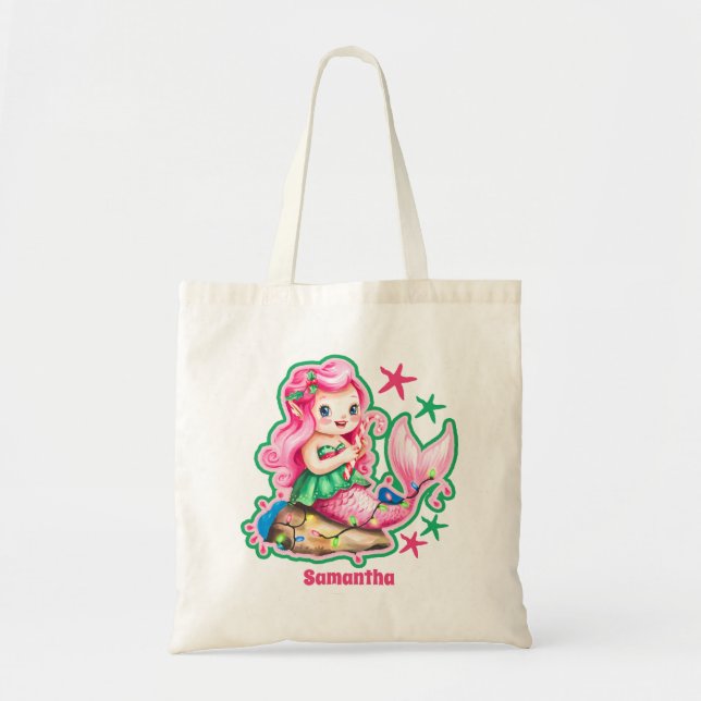 Pink Christmas  Mermaid Personalised Kids Tote Bag (Front)