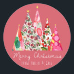 Pink Christmas Modern Elegant Trees Classic Round Sticker<br><div class="desc">Elevate your Christmas decor with this uniquely elegant and trendy hand-painted design.</div>