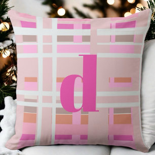 Pink Christmas monogram plaid blush white orange Cushion