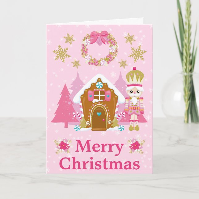 Pink Christmas Nutcracker and Gingerbread House Holiday Card (Front)