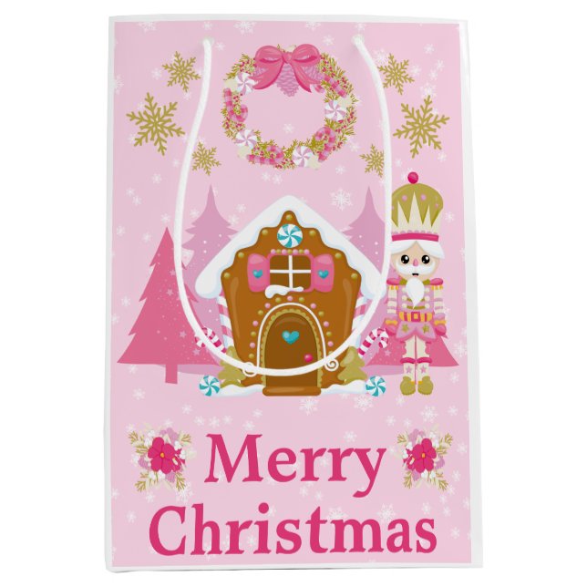 Pink Christmas Nutcracker and Gingerbread House Medium Gift Bag (Front)
