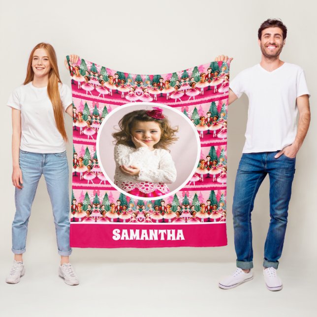 Pink Christmas Nutcracker Ballerina Kids Photo Fleece Blanket (In Situ)