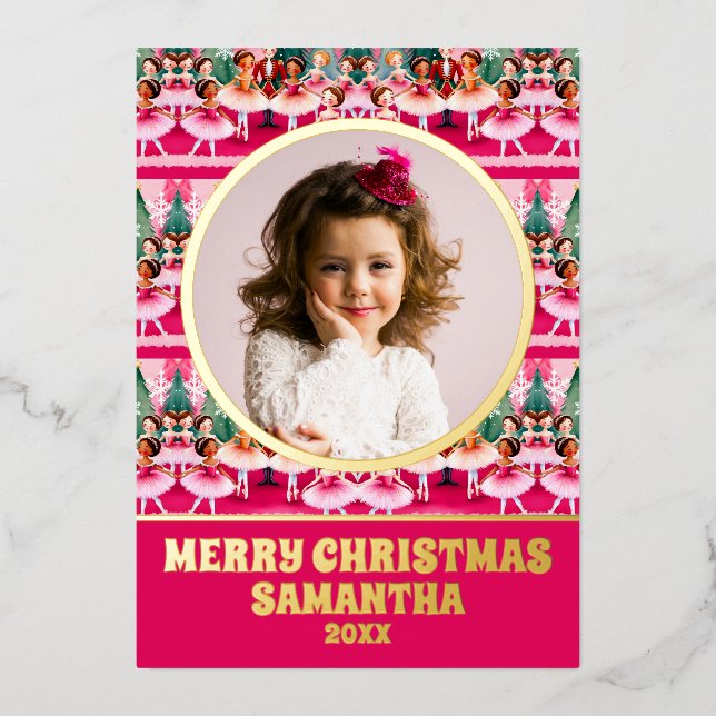Pink Christmas Nutcracker Ballerina Kids Photo Foil Holiday Card (Front)