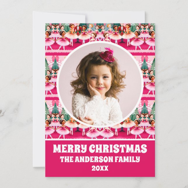 Pink Christmas Nutcracker Ballerina Photo Holiday Card (Front)
