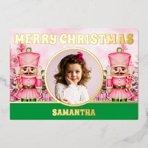Pink Christmas Nutcracker Kids Photo Foil Holiday Card