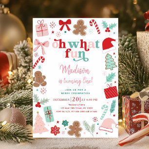Pink Christmas Oh What Fun First Birthday Invitation