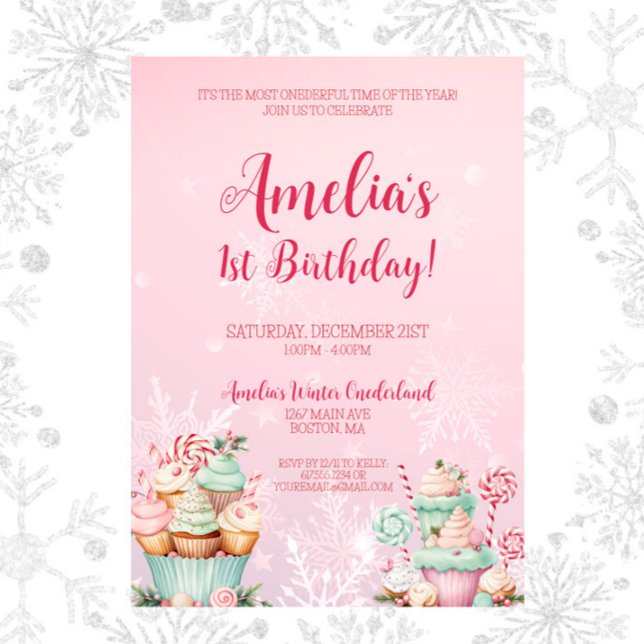 Pink Christmas Onederland Cupcake 1st Birthday Invitation (Pink Christmas Winter Onederland Cupcake 1st Birthday Invitation, Onederful Time of the Year)