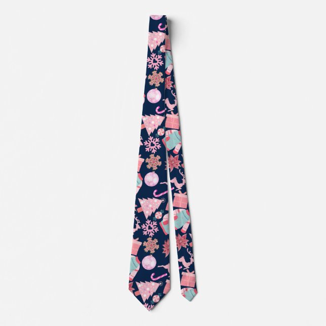 Pink Christmas Ornament Pattern 02 D BLue BG Tie (Front)