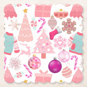 Pink Christmas Ornament Pattern Paper Coaster