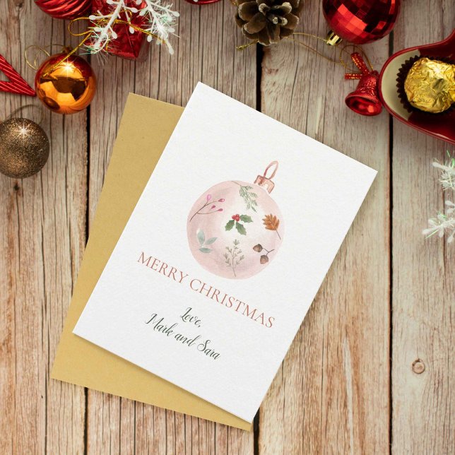 Pink Christmas Ornament with Botanicals Accent Holiday Card (Creator Uploaded)