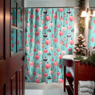 Pink Christmas Ornaments Blue Shower Curtain