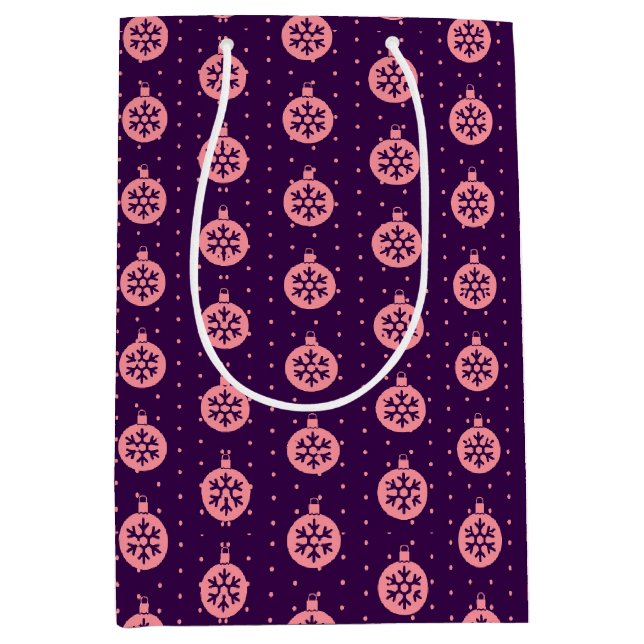 Pink Christmas Ornaments on Purple Modern Holiday Medium Gift Bag (Front)
