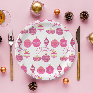 Pink Christmas Ornaments Paper Plate