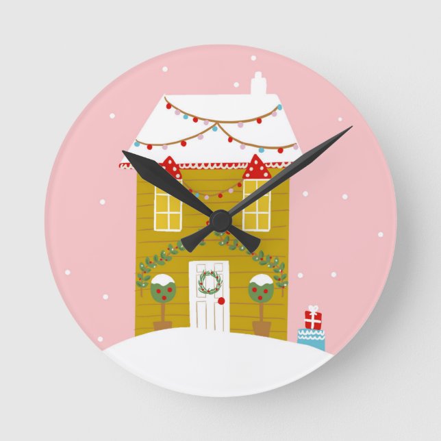Pink Christmas Party Kids Birthday Holiday Round Clock (Front)
