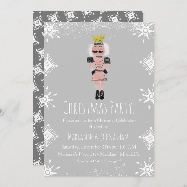 Pink Christmas Party Nutcracker Snowflakes Invitation (Front/Back)