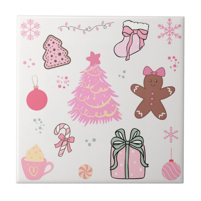 Pink Christmas Pattern Ceramic Tile (Front)