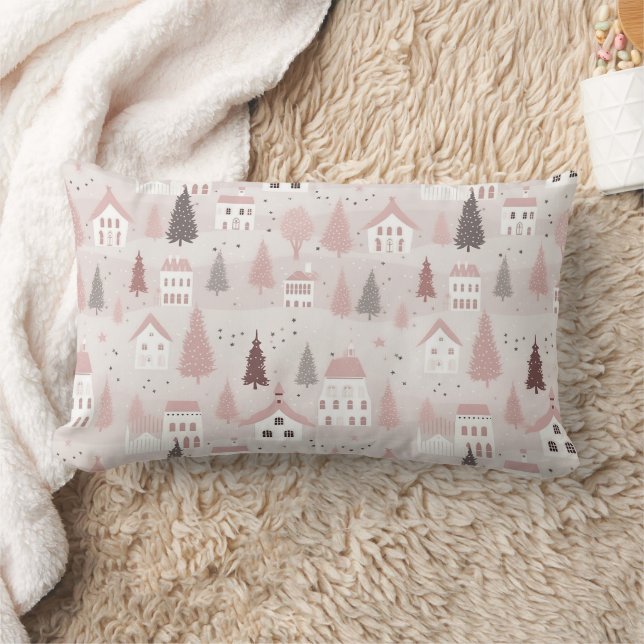 Pink Christmas Pattern Lumbar Cushion (Blanket)