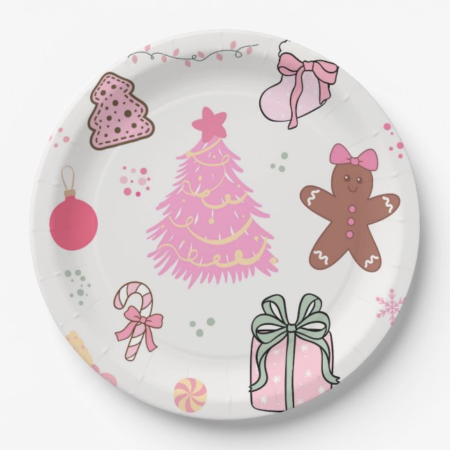 Pink Christmas Pattern Paper Plate (Front)