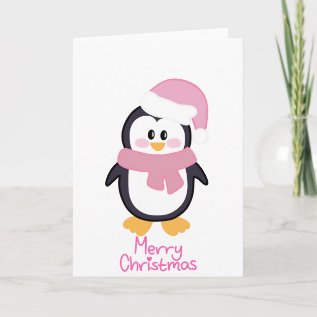 Pink Christmas Penguin Merry Christmas  Card (Front)