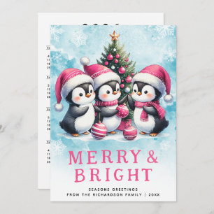 Pink Christmas Penguins Merry and Bright Holiday Card
