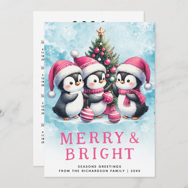 Pink Christmas Penguins Merry and Bright  Holiday Card (Front/Back)