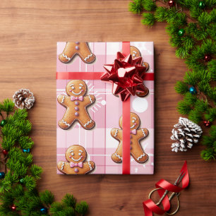 Pink Christmas Plaid Gingerbread Snowflakes Wrapping Paper