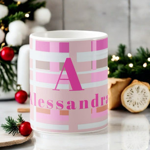 Pink Christmas plaid monogram blush white modern Coffee Mug