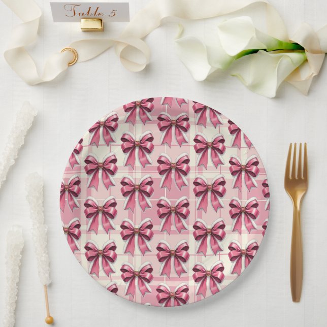 Pink Christmas Plaid Santa Bows   Paper Plate (Wedding)