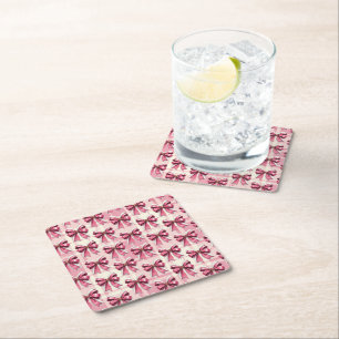 Pink Christmas Plaid Santa Bows Square Paper Coaster