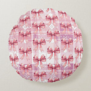 Pink Christmas Plaid Snowflakes Bow Coquette  Round Cushion
