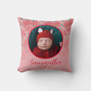 Pink Christmas Poinsettia Personalised Baby Photo Cushion