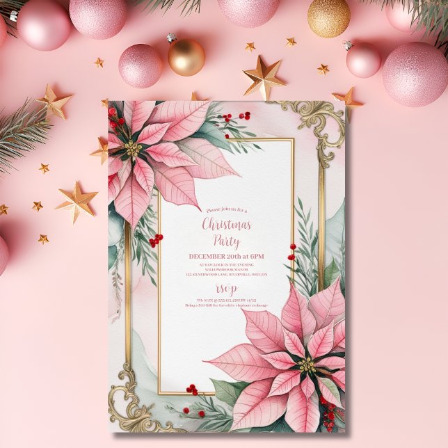 Pink Christmas Poinsettia Winter Greenery Wedding Invitation (Creator Uploaded)