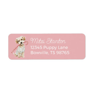 Pink Christmas Puppy in Pajamas & Candy Cane Return Address Label