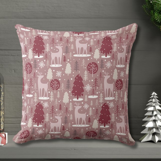 Pink Christmas Reindeer and Trees Forest Cushion (Creator Uploaded)