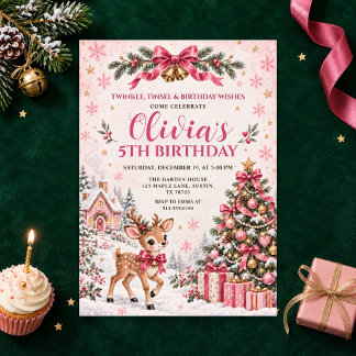 Pink Christmas Reindeer Girl Birthday Invitation