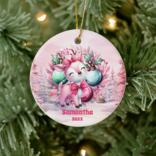 Pink Christmas Reindeer Kids Photo Ornament